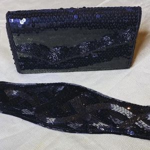 Vintage Black Sequin and Beaded Clutch and Belt